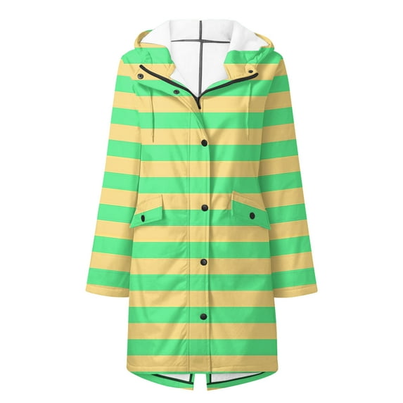 Kaemgyyd Rain Jackets for Women Lightweight Stripe Waterproof Raincoat Long Hooded Fleece Lined Windbreaker Outdoor Travel Jacket