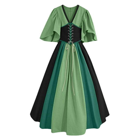 Kaemgyyd Renaissance Dresses for Women Medieval Vintage V Neck Corset Dresses Colorblock Ruffle Half Sleeve A-Line Dresses