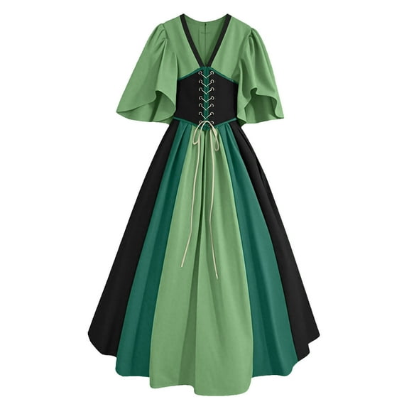 Kaemgyyd Renaissance Dresses for Women Medieval Vintage V Neck Corset Dresses Colorblock Ruffle Half Sleeve A-Line Dresses