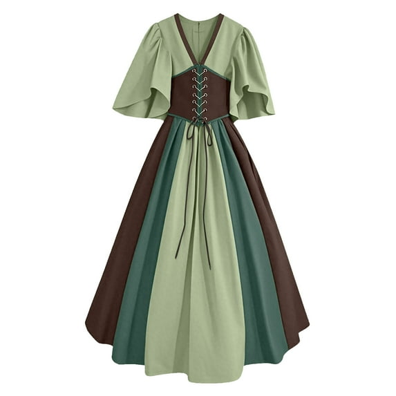 Kaemgyyd Renaissance Dresses for Women Medieval Vintage V Neck Corset Dresses Colorblock Ruffle Half Sleeve A-Line Dresses