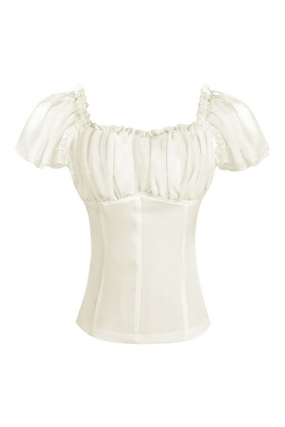Renaissance Shirts for Women Summer Ruffle Short Sleeve Square Neck Corset Top Blouse Vintage Party Clubwear