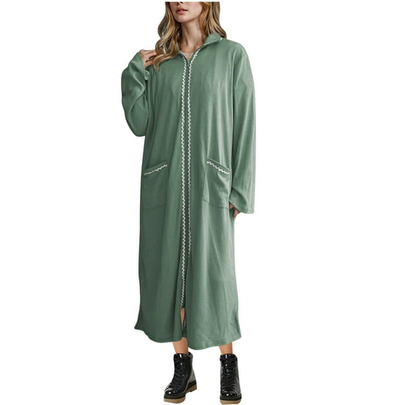 Kaemgyyd Robe for Women Fall Winter Warm Zipper Bathrobe Ribbed Long Sleeves Full Length Loungewear Sleepwear with Pockets