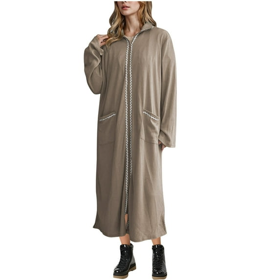Kaemgyyd Robe for Women Fall Winter Warm Zipper Bathrobe Ribbed Long Sleeves Full Length Loungewear Sleepwear with Pockets