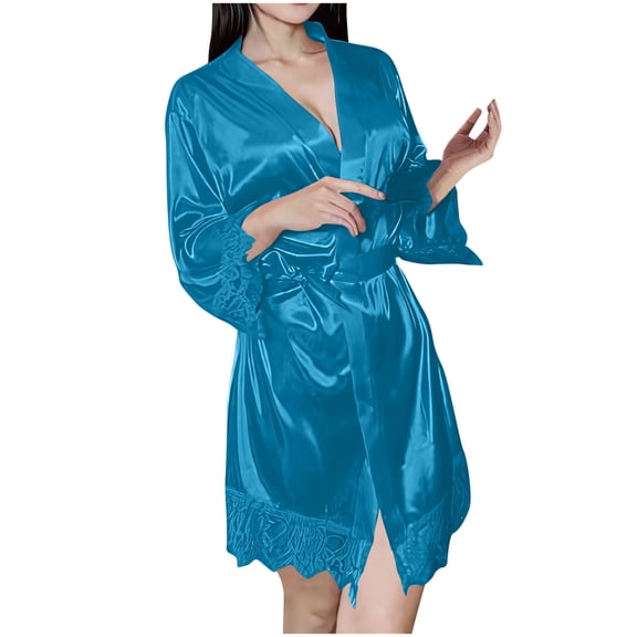 Kaemgyyd Robes for Women Bridesmaid Party 3/4 Sleeve Lace Bathrobe Soft Comfy Belted Lace Trim Satin Sleepwear Fall Loungewear