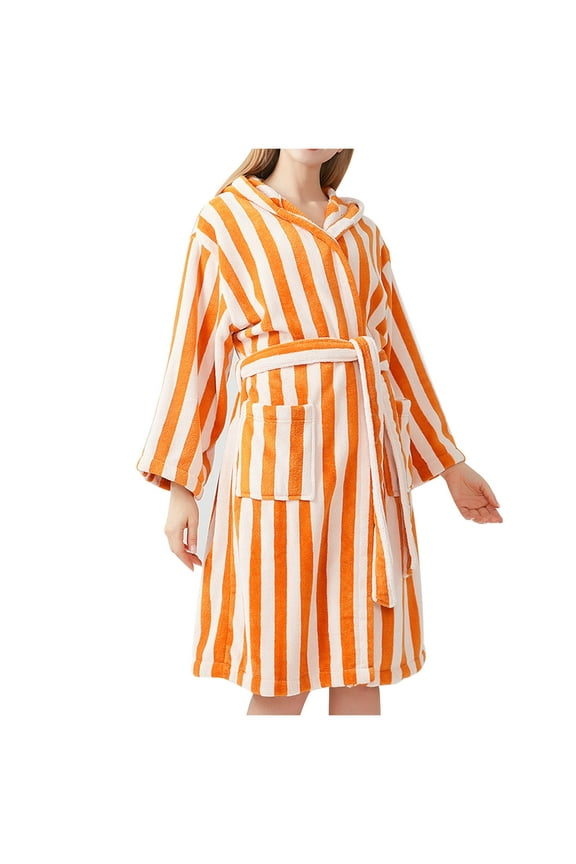 Robes for Women Hood Long Soft Warm Fuzzy Plush Bathrobes Comfy Stripe Belted Fleece Winter Robes with Pockets