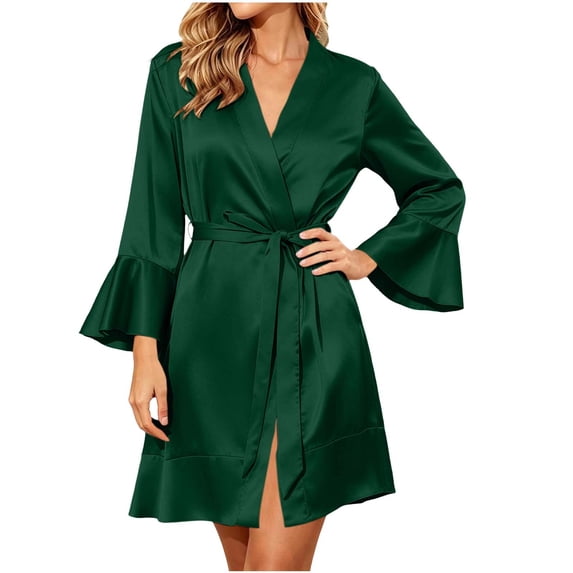 Kaemgyyd Robes for Women Satin 3/4 Bell Sleeve Robe Silk V Neck Robes Casual Soft Comfy Sleepwear for Wedding Party Clothing(Green,Small)