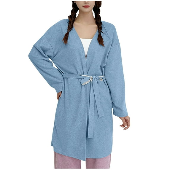 Kaemgyyd Robes for Women Solid Color Long Sleeve Kimono Bath Robe Lightweight Knee Length House Coat Loungewear with Belt