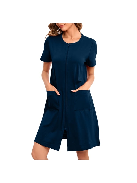 Robes for Women Zipper Front House Coat Soild Color Knee Length Bathrobes with Pockets(Navy-01,XX-Large)