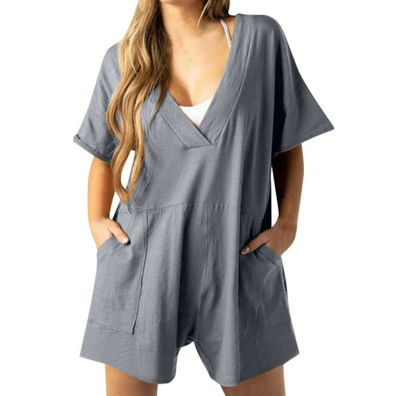 Kaemgyyd Rompers for Women Oversized V Neck Short Sleeve Wide Leg Jumpsuit with Pockets Solid Loose One-Piece Outfit
