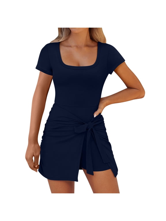 Rompers for Women Short Sleeve Bodycon Wrap Skirt Built in Shorts Athletic Short Jumpsuit for Workout Golf