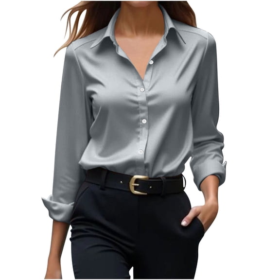 Kaemgyyd Satin Dress Shirts for Women Fashion Lapel Button Down Silk Shirt Business Casual Long Sleeve Work Blouse