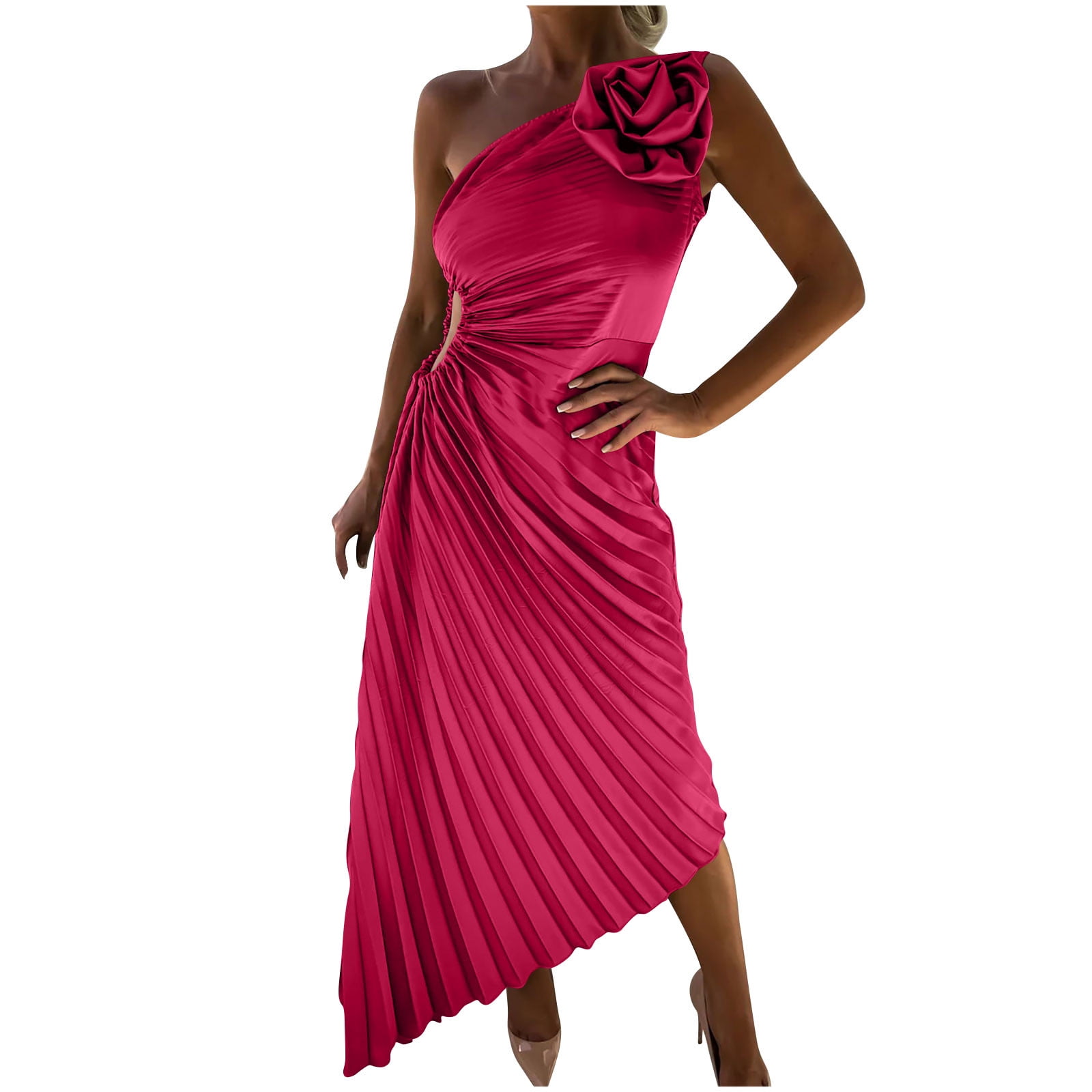 Sexy One Shoulder Silky Satin Ruffle A-Line Midi Formal Evening Gowns For Ladies