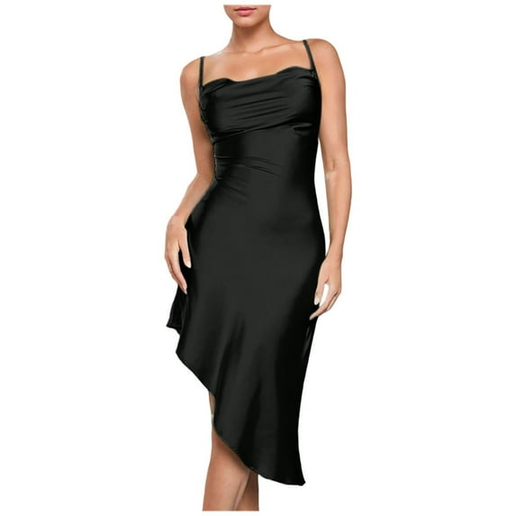 Kaemgyyd Satin Dresses for Women Square Neck Spaghetti Strap Bodycon Cocktail Party Dress Elegant Sleeveless Ruffle Hem Dresses