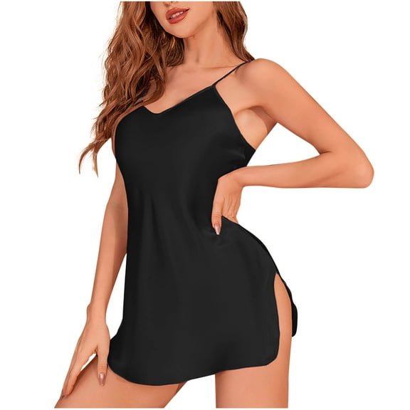 Kaemgyyd Satin Nightgown for Women Silk Sleeveless Vneck Mini Sleep Dress Adjustable Strap Backless Side Slit Sleepwear