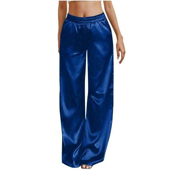 Kaemgyyd Satin Pants for Women Silk Soft Wide Leg Casual Dress Pants Summer Fashion Elastic Waisted Long Flowy Trousers