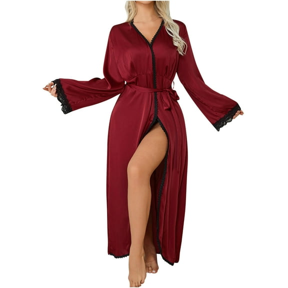 Kaemgyyd Satin Robes for Women Lace Trim Long Sleeve Silk Bathrobe Soft Full Length Sleepwear Mesh Bridesmaid Wedding Party Robes