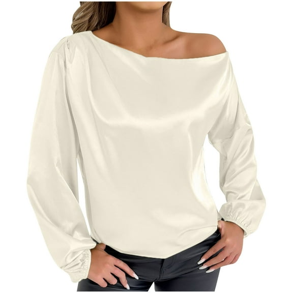 Kaemgyyd Satin Womens Tops Silk off the Shoulder Loose Dressy Blouse Soft Lantern Long Sleeve Elegant Shirt for Party