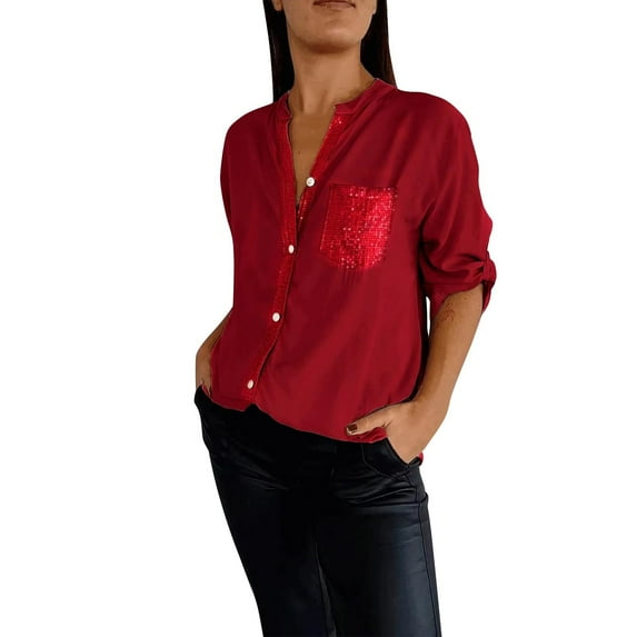 Kaemgyyd Sequin Button down Shirt for Women Trendy Long Sleeve Plus Size Blouse with Pocket Glitter Sparkle Party Tunic Top