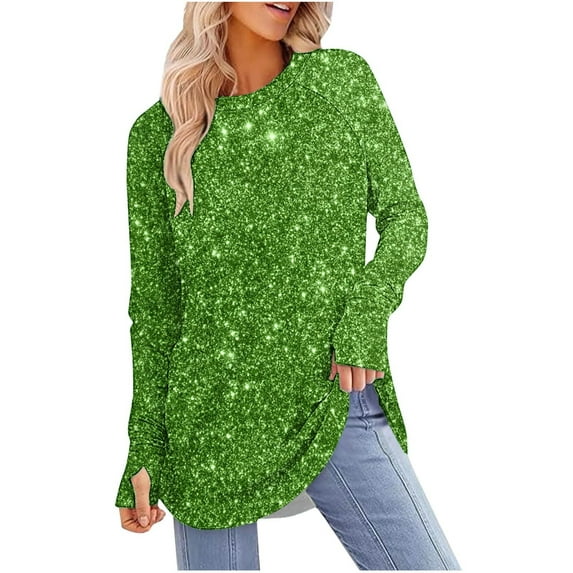 Kaemgyyd Sequin Tops for Women Casual Sparkly Long Sleeve Crewneck Tops Oversized Loose Glitter Fall Fashion Clothes Trendy Outfits