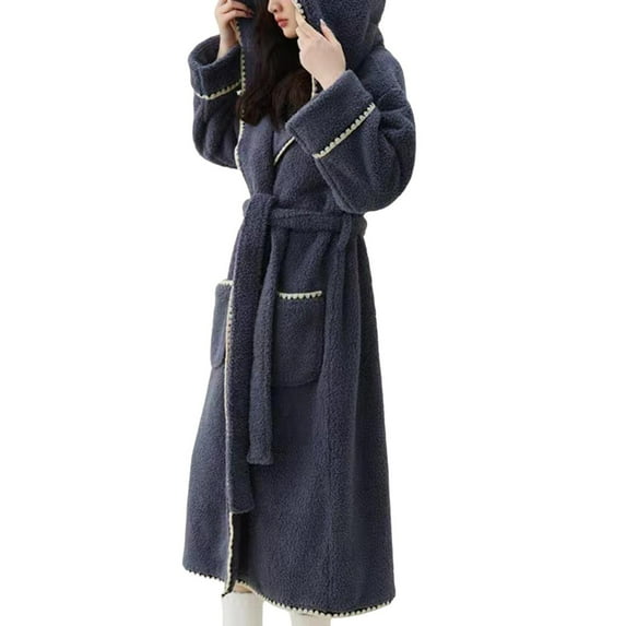Kaemgyyd Sherpa Robes for Women Long Sleeve Hooded Bathrobes Casual Soft Sleepwear with Pockets Winter Warm Loungewear
