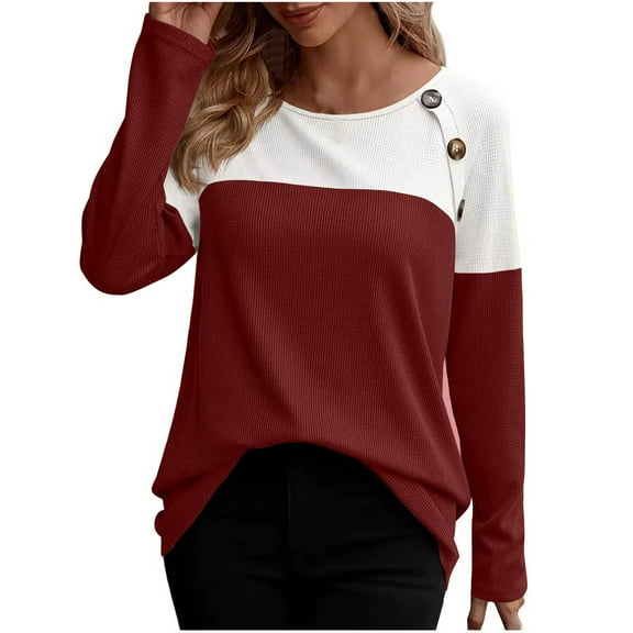Kaemgyyd Shirt for Women Fall Fashion Clothing Long Sleeve Tops for Women Casual Loose Color Block Basic Tee with Button