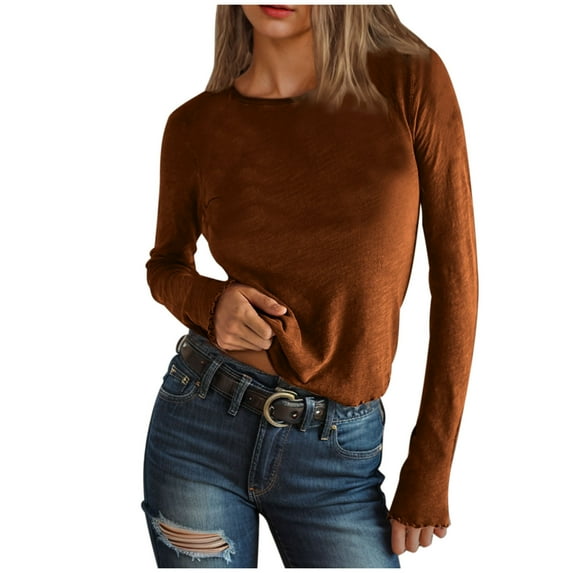 Kaemgyyd Shirt for Women Long Sleeve Crew Neck Basic Tee Casual Loose Solid Color Tops Soft Trendy Fall Clothes