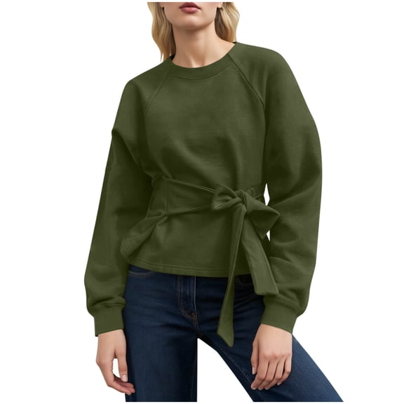 Kaemgyyd Shirts for Women Casual Fashion Long Sleeve Pullover Tops Lightweight Tie Front Crew Neck Fall Outfits Streetwear