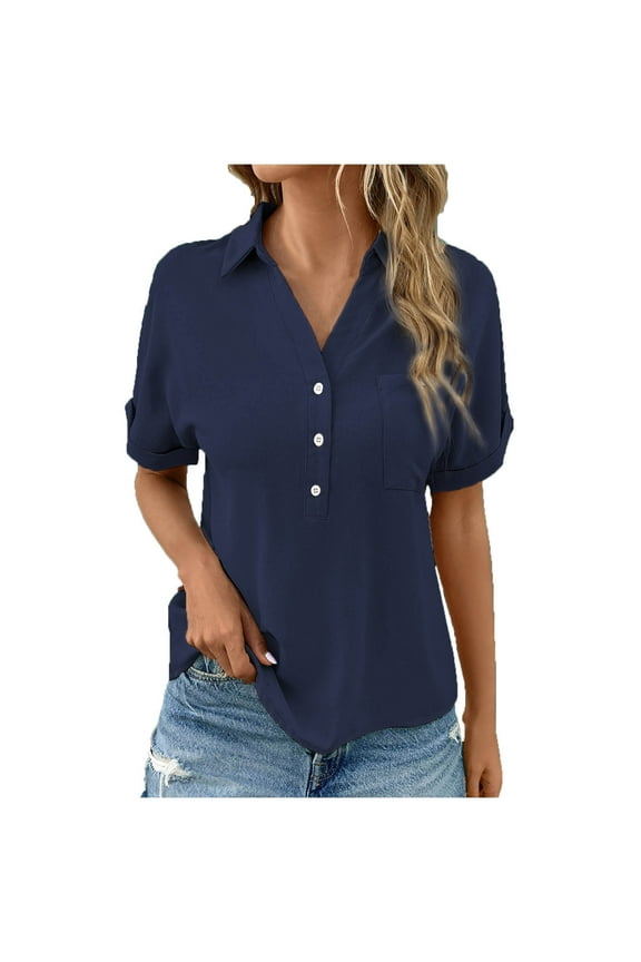 Shirts for Women Comfortable Half Button Work Office Business Blouse Casual Loose V Neck Roll up Short Sleeve Tops