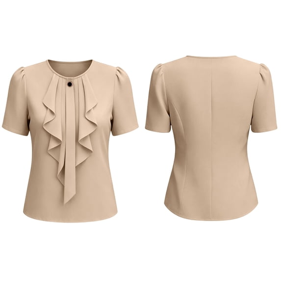 Kaemgyyd Shirts for Women Dressy Ruffle Front Round Neck Top Button up Short Sleeve Business Casual Summer Blouse