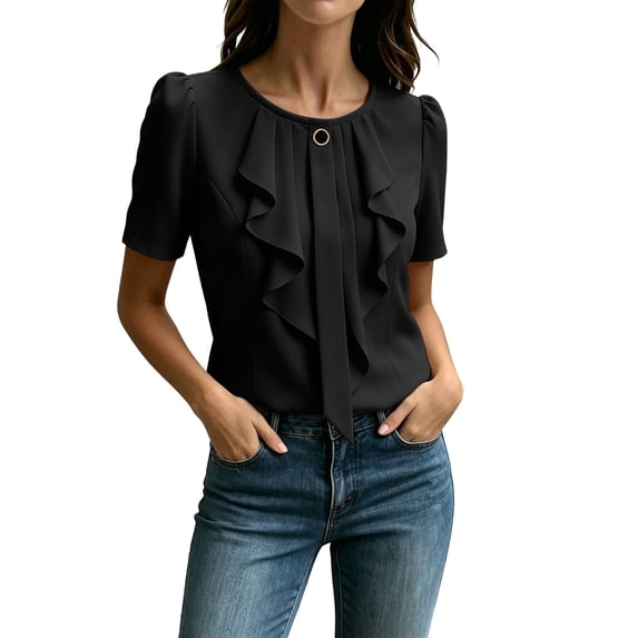 Kaemgyyd Shirts for Women Dressy Ruffle Front Round Neck Top Button up Short Sleeve Business Casual Summer Blouse