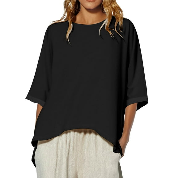Kaemgyyd Shirts for Women Lightweight Loose 3/4 Sleeves Blouse Fall Fashion High Low Crew Neck Casual Plus Size Tops