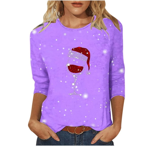Kaemgyyd Shirts for Women Soft Christmas Printed Crew Neck Tee Casual Loose 3/4 Sleeve Tunic Tops Fashion Clothing