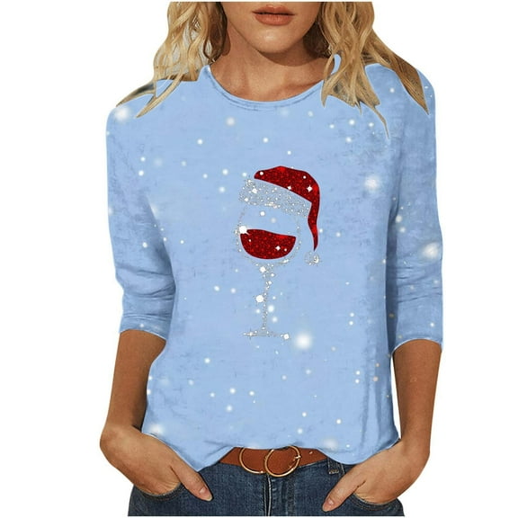 Kaemgyyd Shirts for Women Soft Christmas Printed Crew Neck Tee Casual Loose 3/4 Sleeve Tunic Tops Fashion Clothing