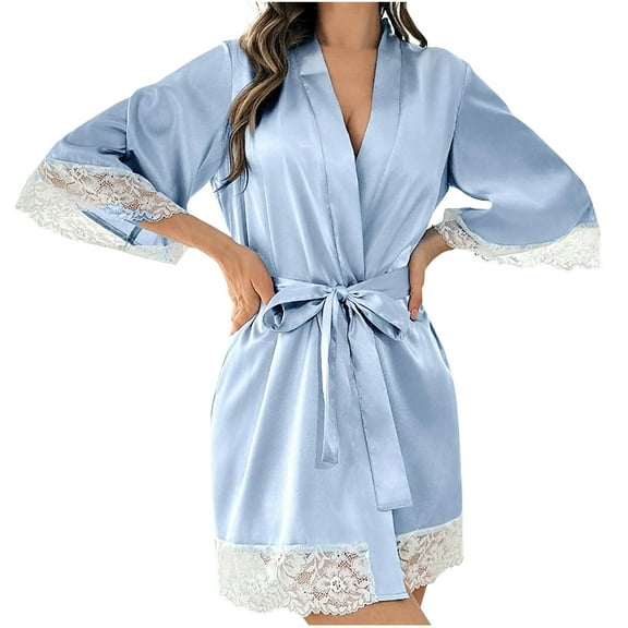 Kaemgyyd Short Satin Robes Women Elegant Flare Half Sleeve Lace Trim Bathrobe Summer Breathable V Neck Belted Loungewear