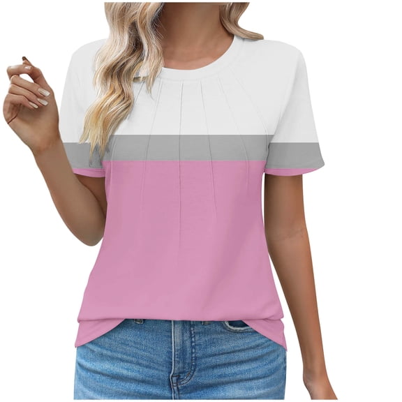 Kaemgyyd Short Sleeve Shirts for Women Summer Tops Spring Crew Neck Casual Tee Cute Color Block Work Outfits Blouses