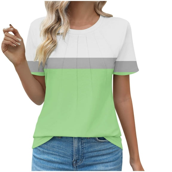 Kaemgyyd Short Sleeve Shirts for Women Summer Tops Spring Crew Neck Casual Tee Cute Color Block Work Outfits Blouses