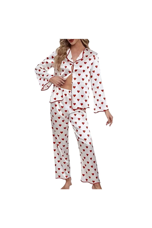 Silk Satin Pajamas Women's Long Sleeve Pj Set Soft Button down Heart Sleep Shirt with Pants Sleepwear Loungewear S-Xl
