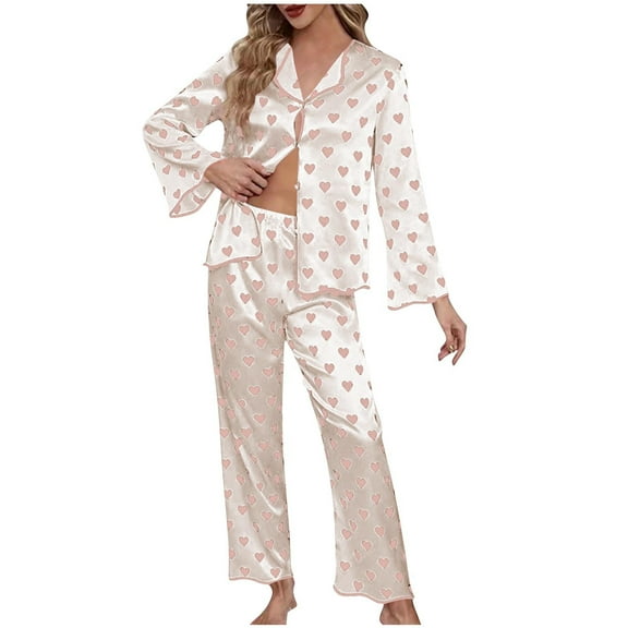 Kaemgyyd Silk Satin Pajamas Women's Long Sleeve Pj Set Soft Button down Heart Sleep Shirt with Pants Sleepwear Loungewear S-Xl