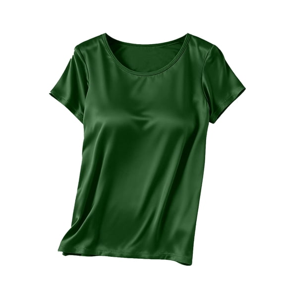Kaemgyyd Silk Satin Tops for Women Summer Short Sleeve Pajama Tees Soft Comfy Crew Neck Sleep T-Shirts with Built-In Bra