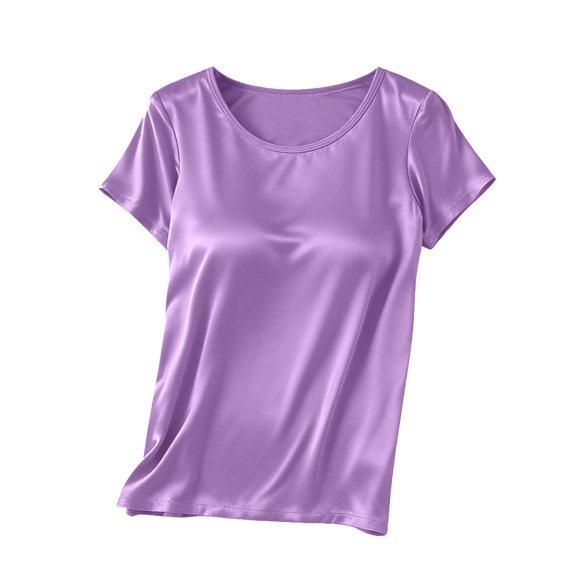 Kaemgyyd Silk Satin Tops for Women Summer Short Sleeve Pajama Tees Soft Comfy Crew Neck Sleep T-Shirts with Built-In Bra