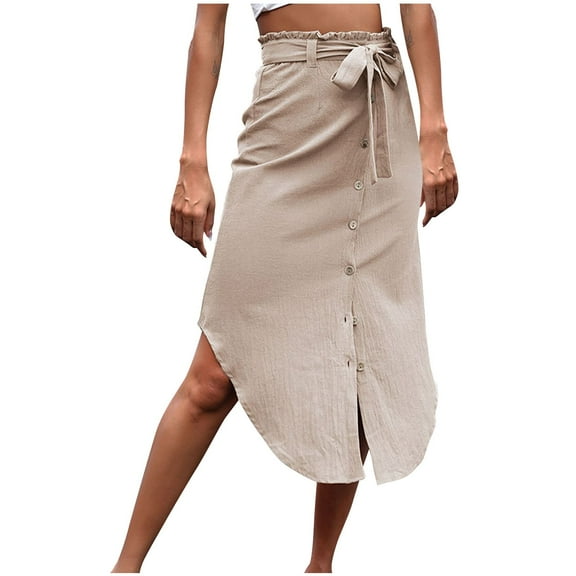 Kaemgyyd Skirt for Women Paper Bag Waist Skirt with Belted Button down Solid Color Casual Loose Midi Skirt Fall