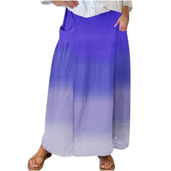 Kaemgyyd Skirt for Women Trendy Loose Elastic High Waisted Maxi Skirt Casual Color Block Beach Flowy Skirt with Pockets
