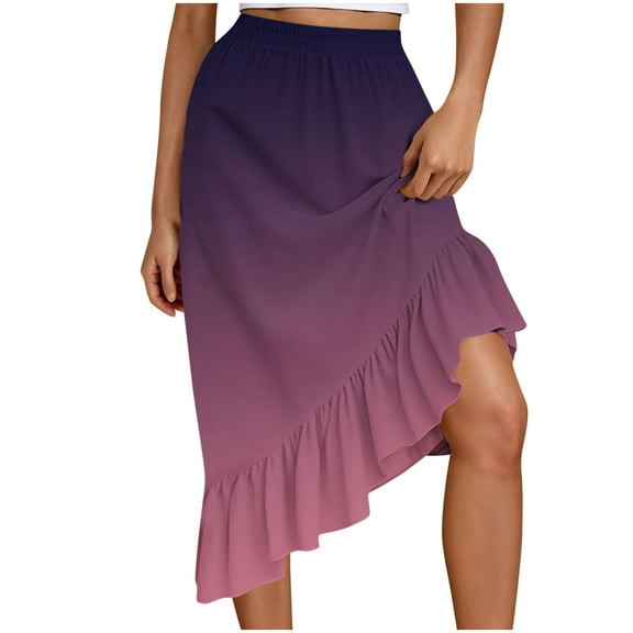 Kaemgyyd Skirts for Women Summer Gradient Ruffle Hem Flowy Midi Skirt Trendy Elastic Waist Asymmetric Skirt Vacation Beachwear