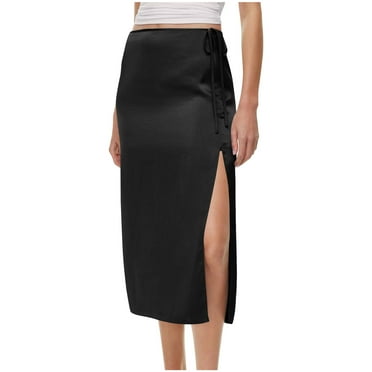 Kaemgyyd Skirts for Women with Side Slit High Waist Tie up Soft Midi Skirt Casual Loose Wear to Work Solid Skirt