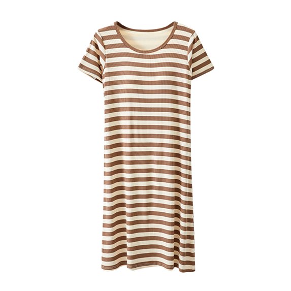 Kaemgyyd Sleep Shirts for Women Stylish Striped Short Sleeve Crew Neck Nightgowns Loose Fit Night Dress Built in Bra Soft Sleepwear