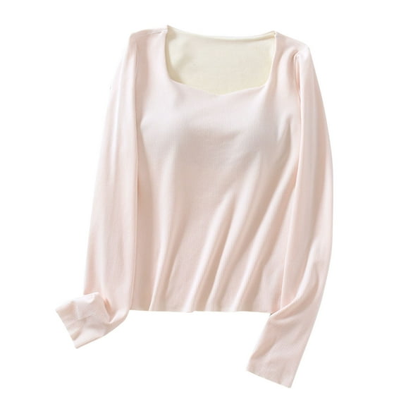 Kaemgyyd Sleepwear for Women Fall Winter Fleece Lined Square Collar Long Sleeve Base Layer Soft Comfy Solid Pjs Tops Loungewear