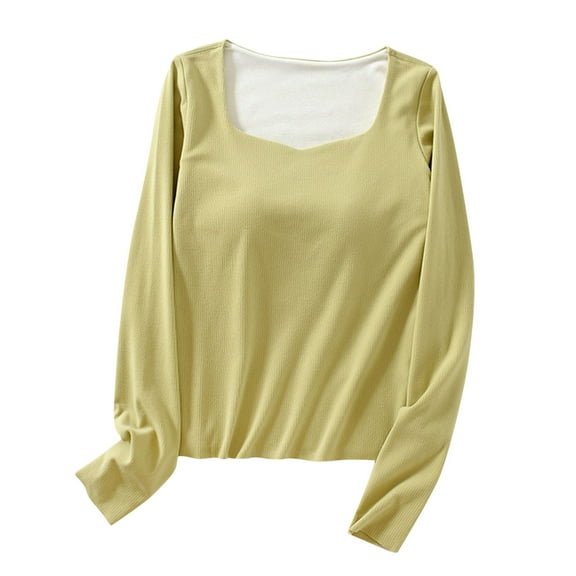 Kaemgyyd Sleepwear for Women Fall Winter Fleece Lined Square Collar Long Sleeve Base Layer Soft Comfy Solid Pjs Tops Loungewear