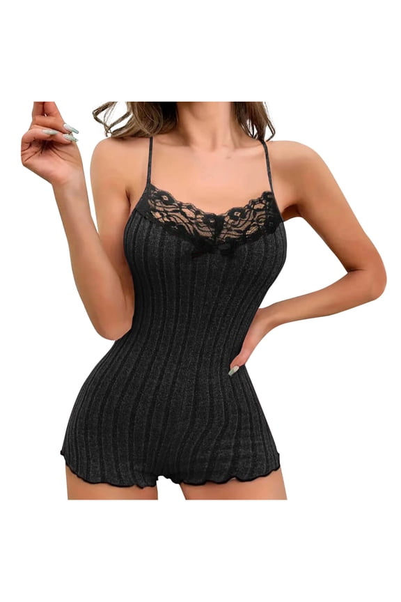 Sleepwear for Women Summer Lace Spaghetti Strap Sleeveless Pajama Rompers Soft Ribbed Knit Slim Bodysuit Jumpsuit