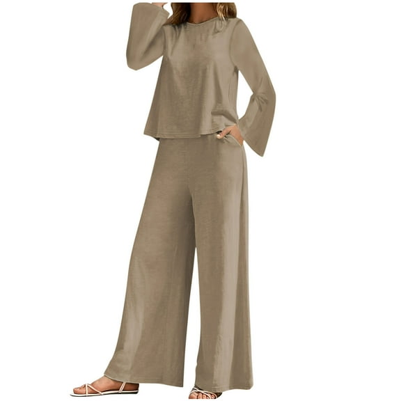 Kaemgyyd Solid Color Two Piece Sets for Women Crewneck Casual Lounge Loose Sets Fall Long Sleeve Pullover and Pants with Pockets