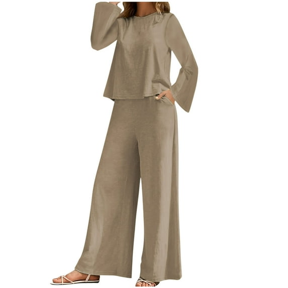 Kaemgyyd Solid Color Two Piece Sets for Women Crewneck Casual Lounge Loose Sets Fall Long Sleeve Pullover and Pants with Pockets